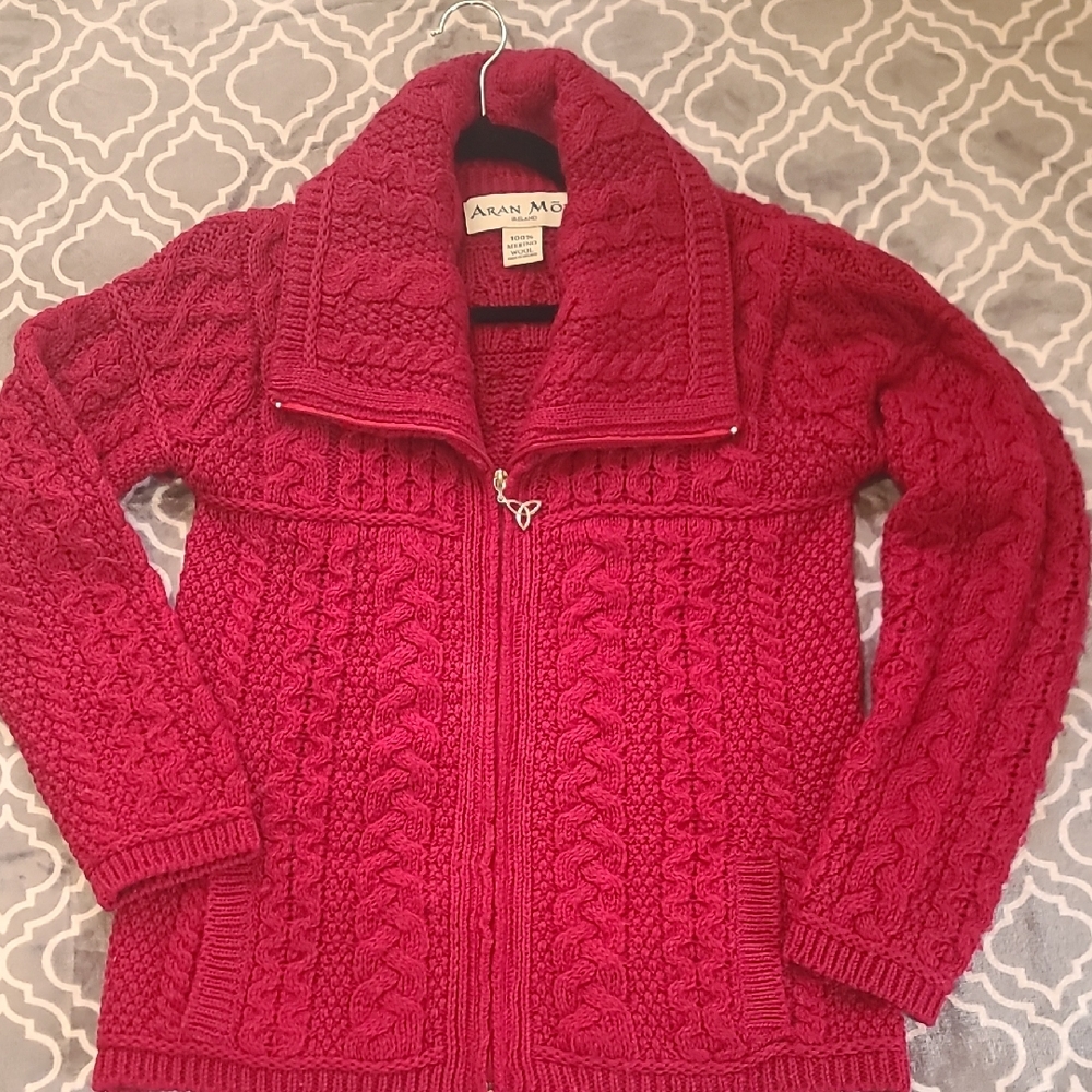 Aran Mor 100% Wool Red Cable Knit Cardigan